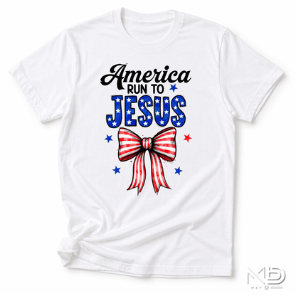 America Run To Jesus Shirt | Patriotic Christian Bow Tee | Faith & Freedom Graphic T-Shirt