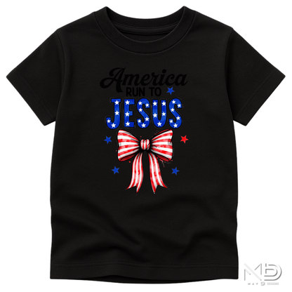 America Run To Jesus Shirt | Patriotic Christian Bow Tee | Faith & Freedom Graphic T-Shirt