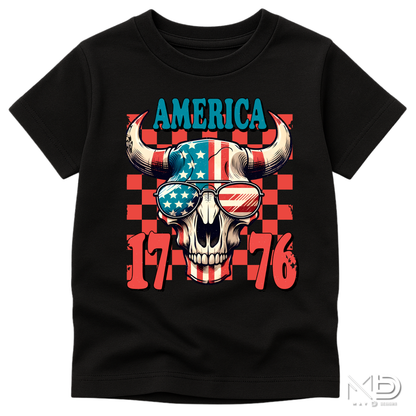 America 1776 Patriotic Bull Skull Shirt | Western USA Flag Graphic Tee | Fourth of July Cowboy T-Shirt