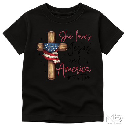 She Loves Jesus and America Too Shirt | Patriotic Christian Women’s Tee | Faith & Freedom Graphic T-Shirt