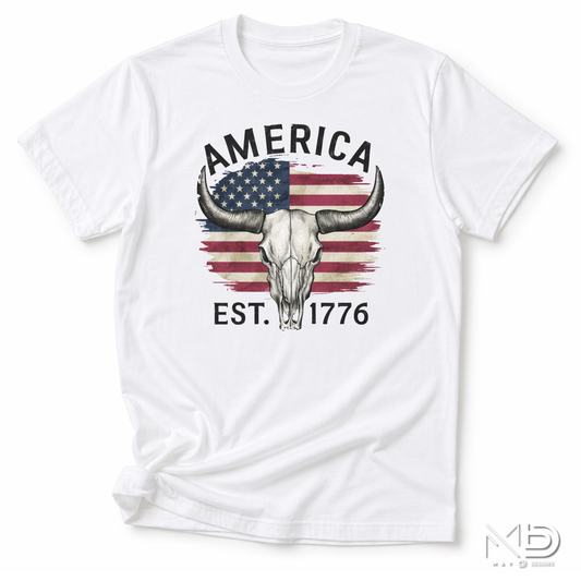 America Est. 1776 Skull Shirt | Patriotic Longhorn Graphic Tee | Western USA Freedom Shirt