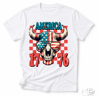 America 1776 Patriotic Bull Skull Shirt | Western USA Flag Graphic Tee | Fourth of July Cowboy T-Shirt