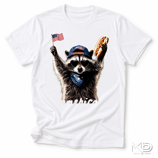 Patriotic Raccoon Hot Dog Shirt | Funny America Graphic Tee | Fourth of July Raccoon Shirt