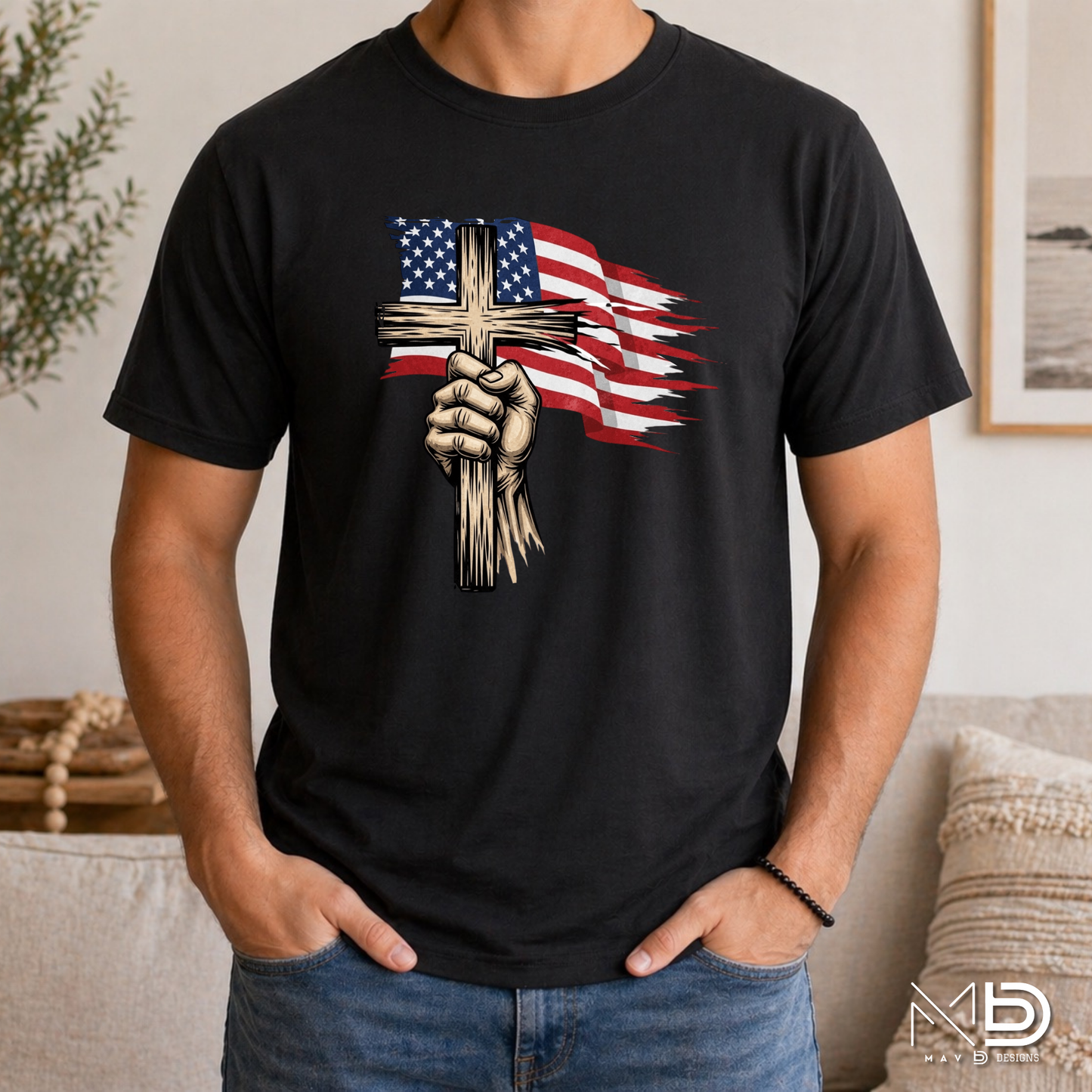 Patriotic Cross Shirt | Christian American Flag Cross Tee | Faith & Freedom Graphic T-Shirt