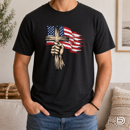 Patriotic Cross Shirt | Christian American Flag Cross Tee | Faith & Freedom Graphic T-Shirt