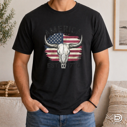 America Est. 1776 Skull Shirt | Patriotic Longhorn Graphic Tee | Western USA Freedom Shirt