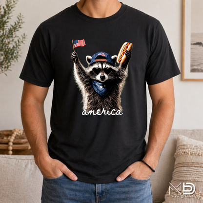 Patriotic Raccoon Hot Dog Shirt | Funny America Graphic Tee | Fourth of July Raccoon Shirt