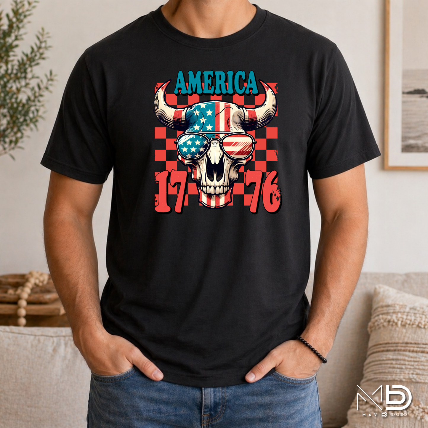 America 1776 Patriotic Bull Skull Shirt | Western USA Flag Graphic Tee | Fourth of July Cowboy T-Shirt