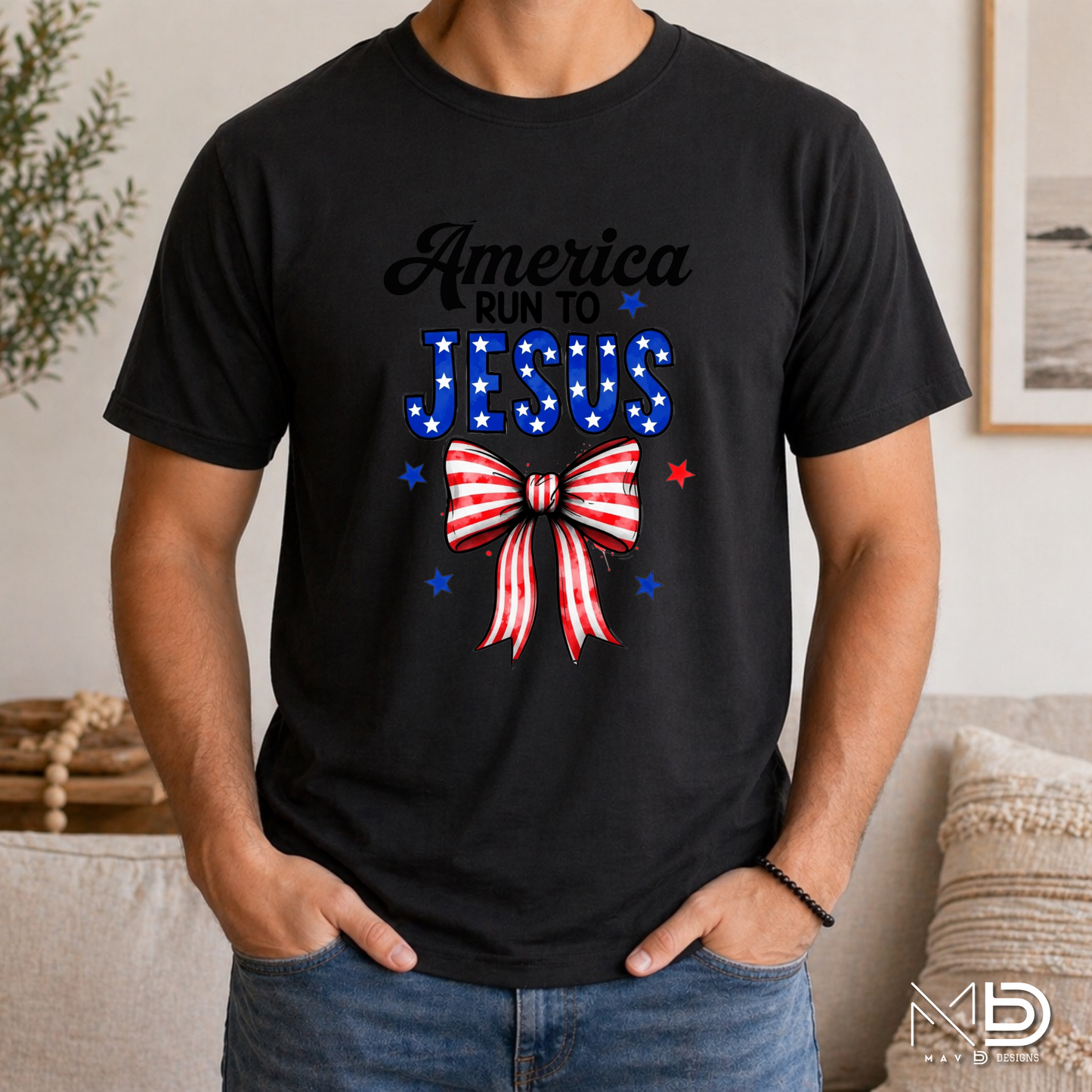 America Run To Jesus Shirt | Patriotic Christian Bow Tee | Faith & Freedom Graphic T-Shirt