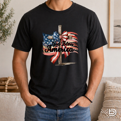 God Bless America Cross Shirt | Patriotic Christian Cross Tee | Faith & Freedom Graphic T-Shirt