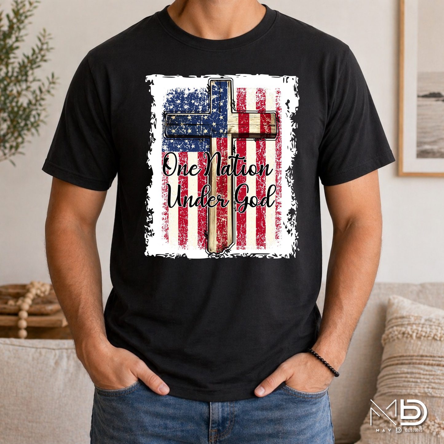 One Nation Under God Patriotic Christian Shirt | American Flag Cross Graphic Tee | Faith & Freedom Shirt