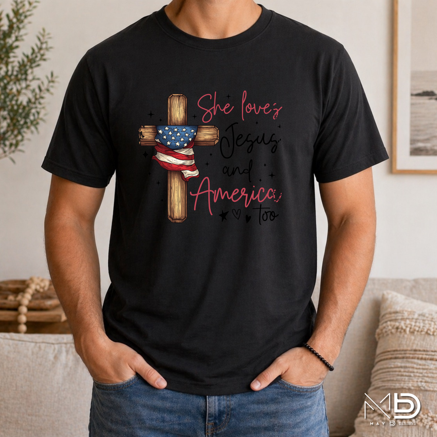 She Loves Jesus and America Too Shirt | Patriotic Christian Women’s Tee | Faith & Freedom Graphic T-Shirt