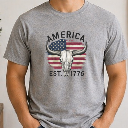 America Est. 1776 Skull Shirt | Patriotic Longhorn Graphic Tee | Western USA Freedom Shirt