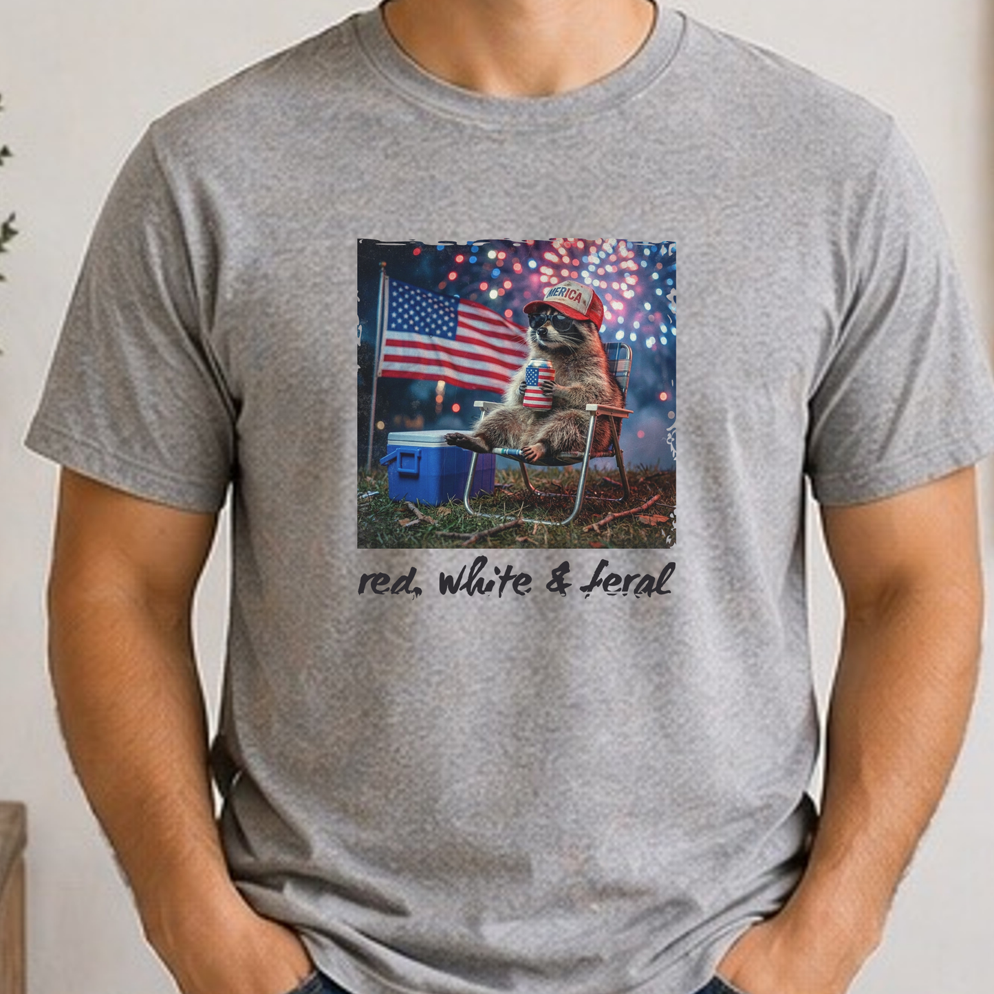 Red White & Feral Raccoon Shirt | Funny Patriotic Trash Panda Tee | Fourth of July Graphic T-Shirt
