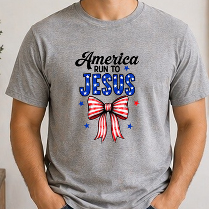 America Run To Jesus Shirt | Patriotic Christian Bow Tee | Faith & Freedom Graphic T-Shirt