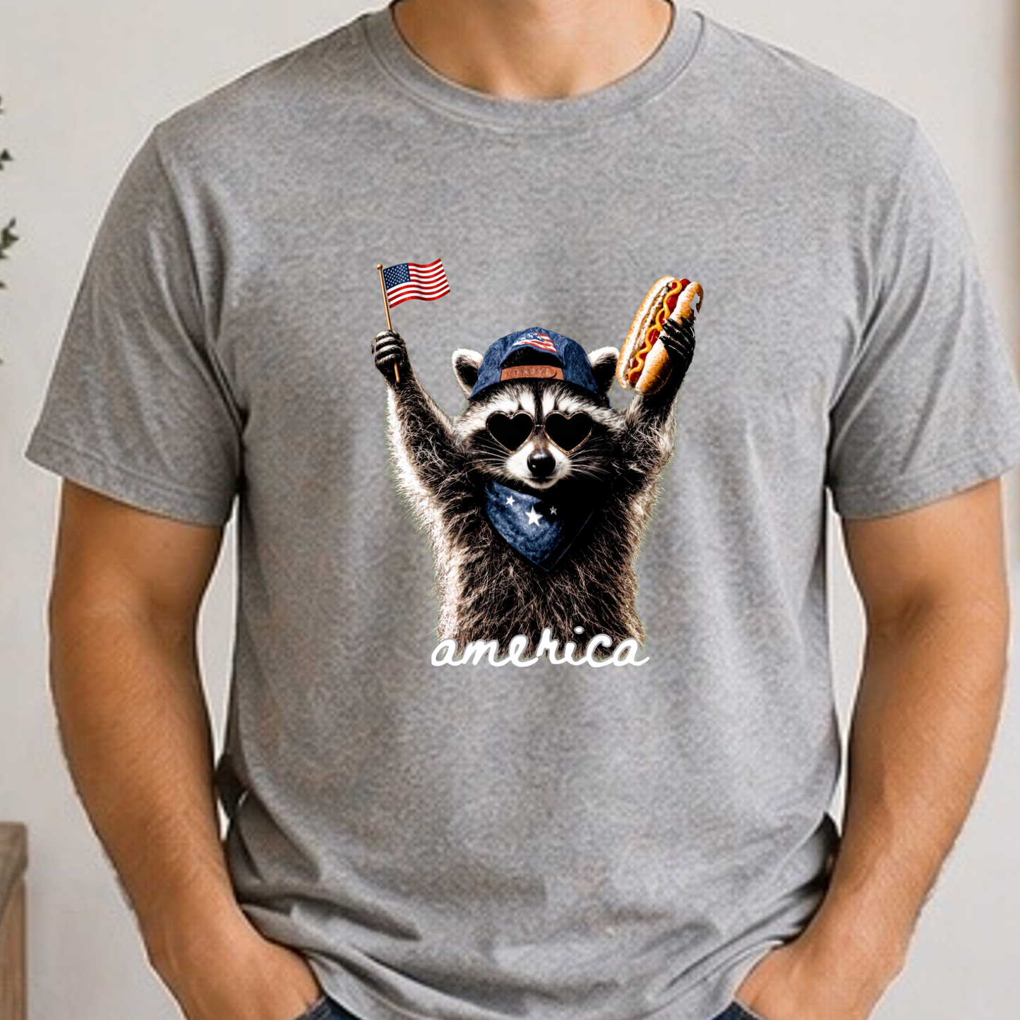Patriotic Raccoon Hot Dog Shirt | Funny America Graphic Tee | Fourth of July Raccoon Shirt