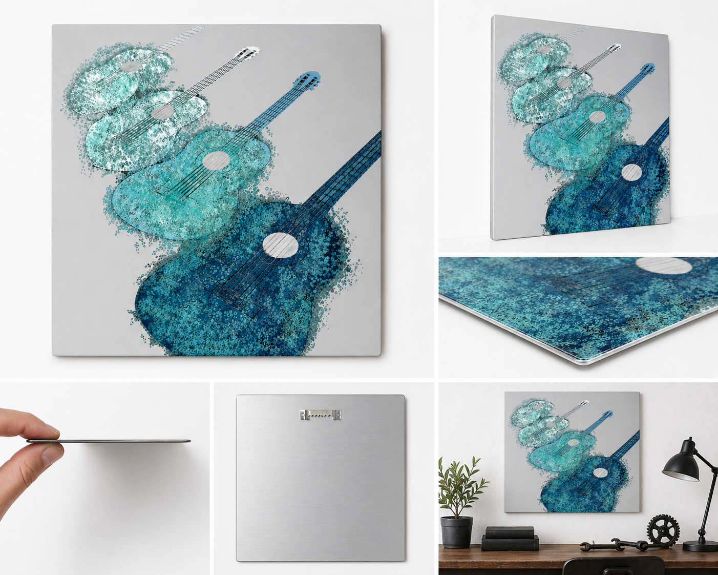 Abstract Blue Guitar Canvas & Metal Print – Modern Music Wall Art