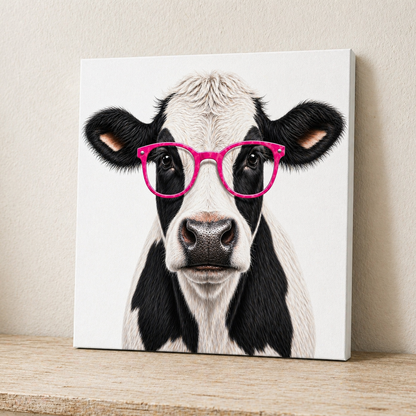 Black & White Cow with Pink Glasses Canvas & Metal Print – Chic Rustic Farmhouse Wall Art