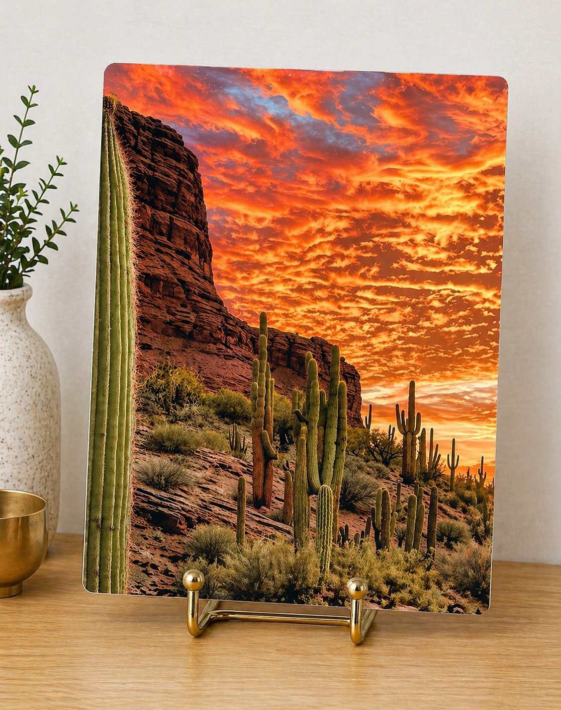 Desert Fire Sunset Canvas & Metal Print – Southwest Cactus Landscape Wall Art