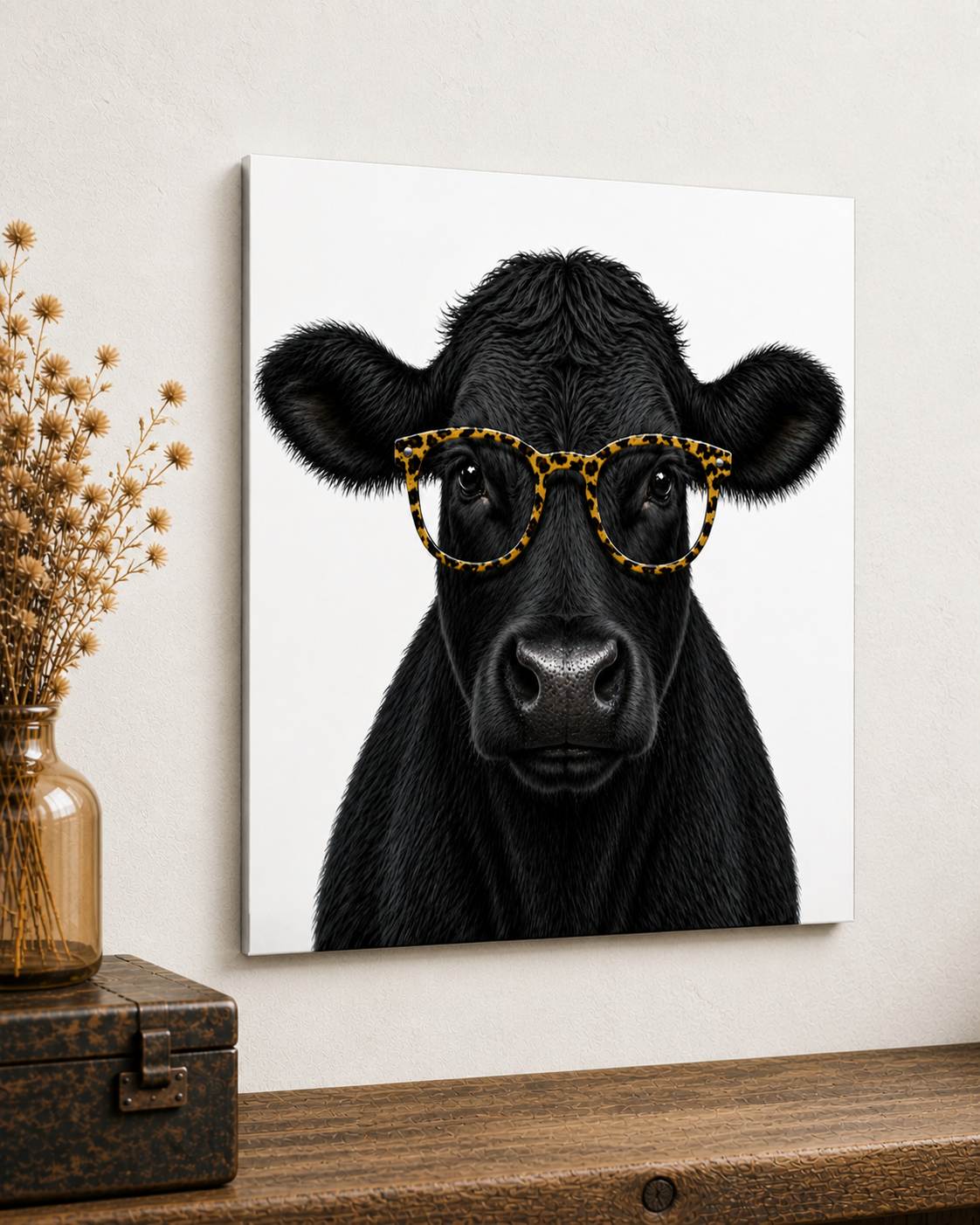 Black Cow with Leopard Glasses Canvas & Metal Print – Chic Rustic Farmhouse Wall Art