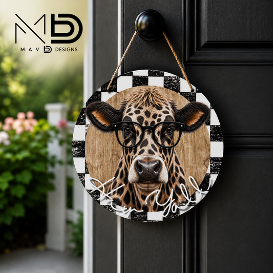 Chic Leopard Cow Hay Yall | 10” Round Metal Door Hanger | Farmhouse Front Door Sign