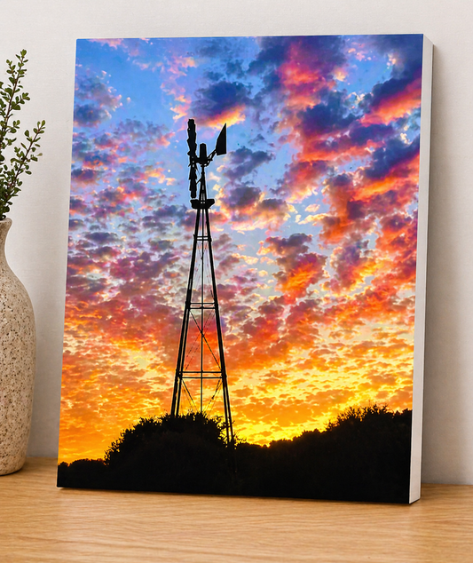Vibrant Windmill Sunset Canvas & Metal Print – Colorful Rustic Sky Wall Art