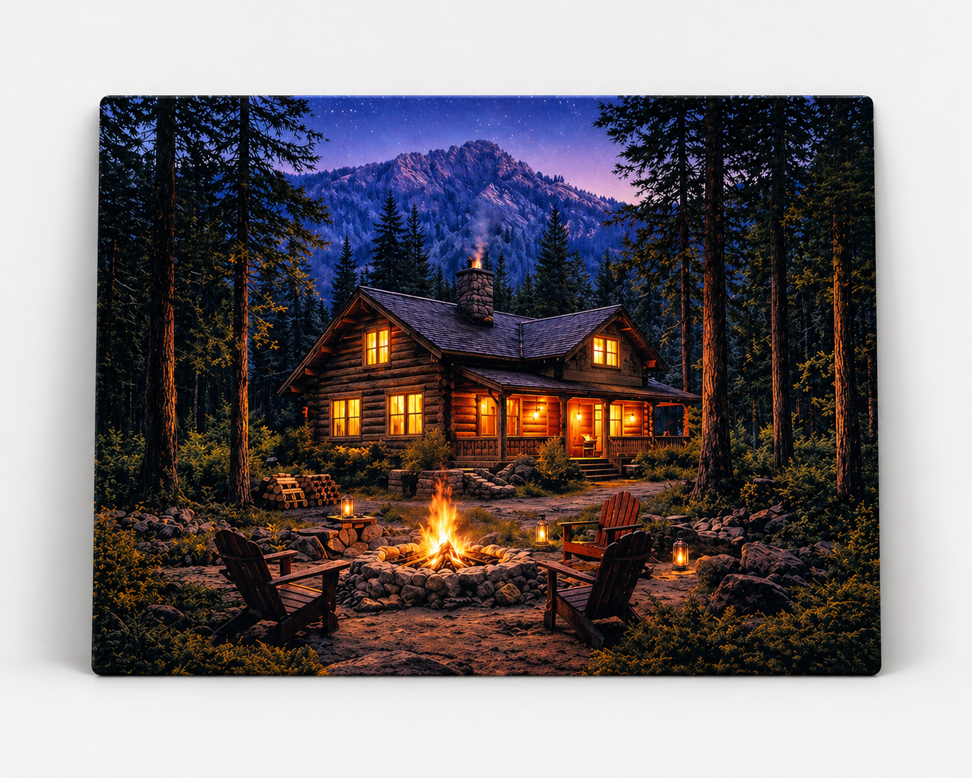Cozy Cabin Campfire Canvas & Metal Print – Rustic Mountain Lodge Wall Art