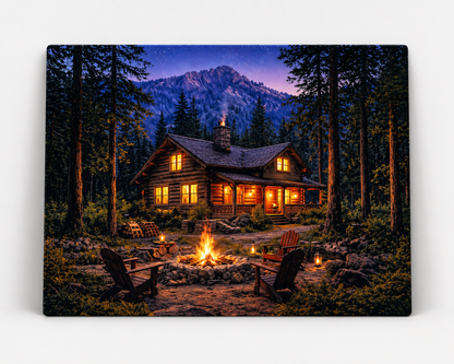 Cozy Cabin Campfire Canvas & Metal Print – Rustic Mountain Lodge Wall Art