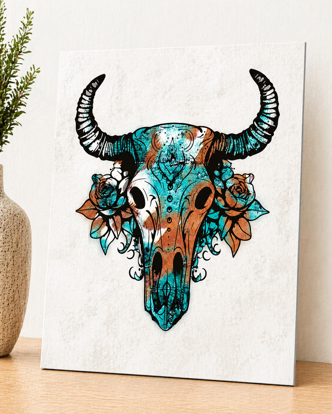 Boho Bull Skull Canvas & Metal Print – Southwest Floral Western Wall Art