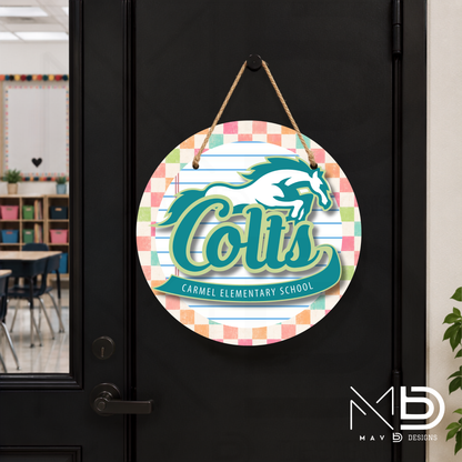 Personalize Door Hanger | Carmel Elementary Colts | Pastel Checkered | 10” or 12” Metal Door Decor