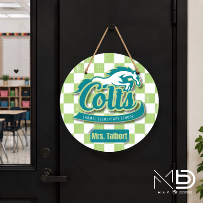 Personalize Door Hanger | Carmel Elementary Colts | Green Checkered | 10” or 12” Metal Door Decor