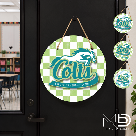 Personalize Door Hanger | Carmel Elementary Colts | Green Checkered | 10” or 12” Metal Door Decor