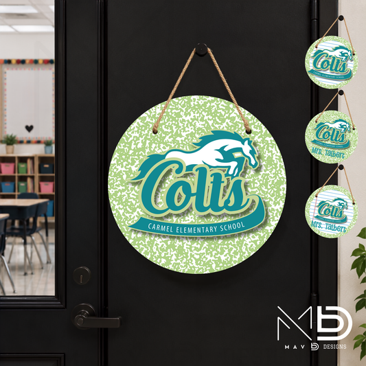 Personalize Door Hanger | Carmel Elementary Colts | Green Composition | 10” or 12” Metal Door Decor