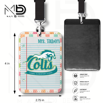 Personalized ID Badge Holder | Carmel Elementary Colts | Pastel Checkered {MULTIPLE OPTIONS}
