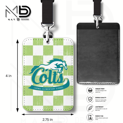 Personalized ID Badge Holder | Carmel Elementary Colts | Green Checkered {MULTIPLE OPTIONS}