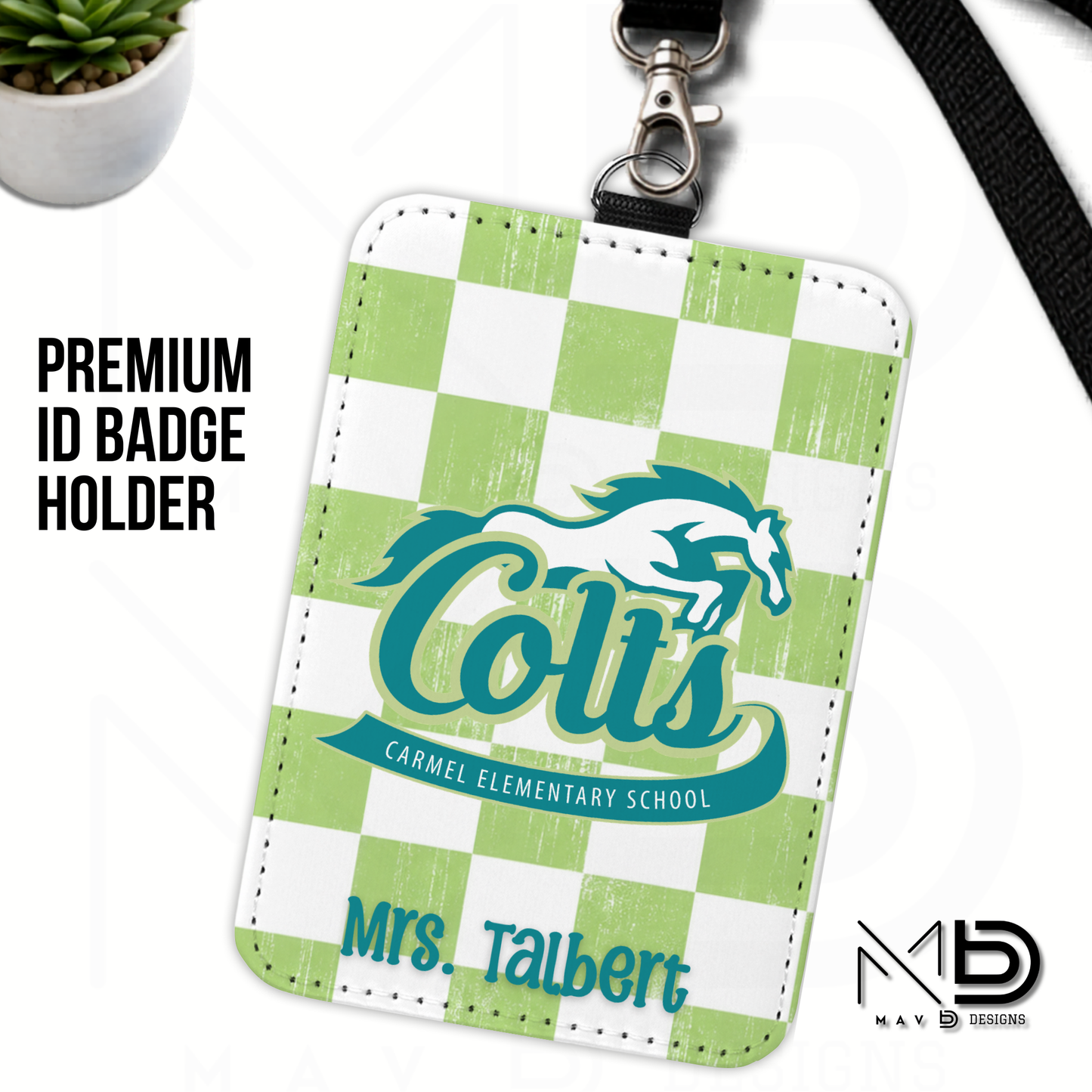 Personalized ID Badge Holder | Carmel Elementary Colts | Green Checkered {MULTIPLE OPTIONS}