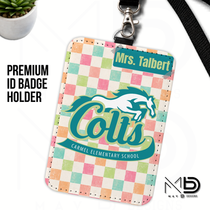 Personalized ID Badge Holder | Carmel Elementary Colts | Pastel Checkered {MULTIPLE OPTIONS}