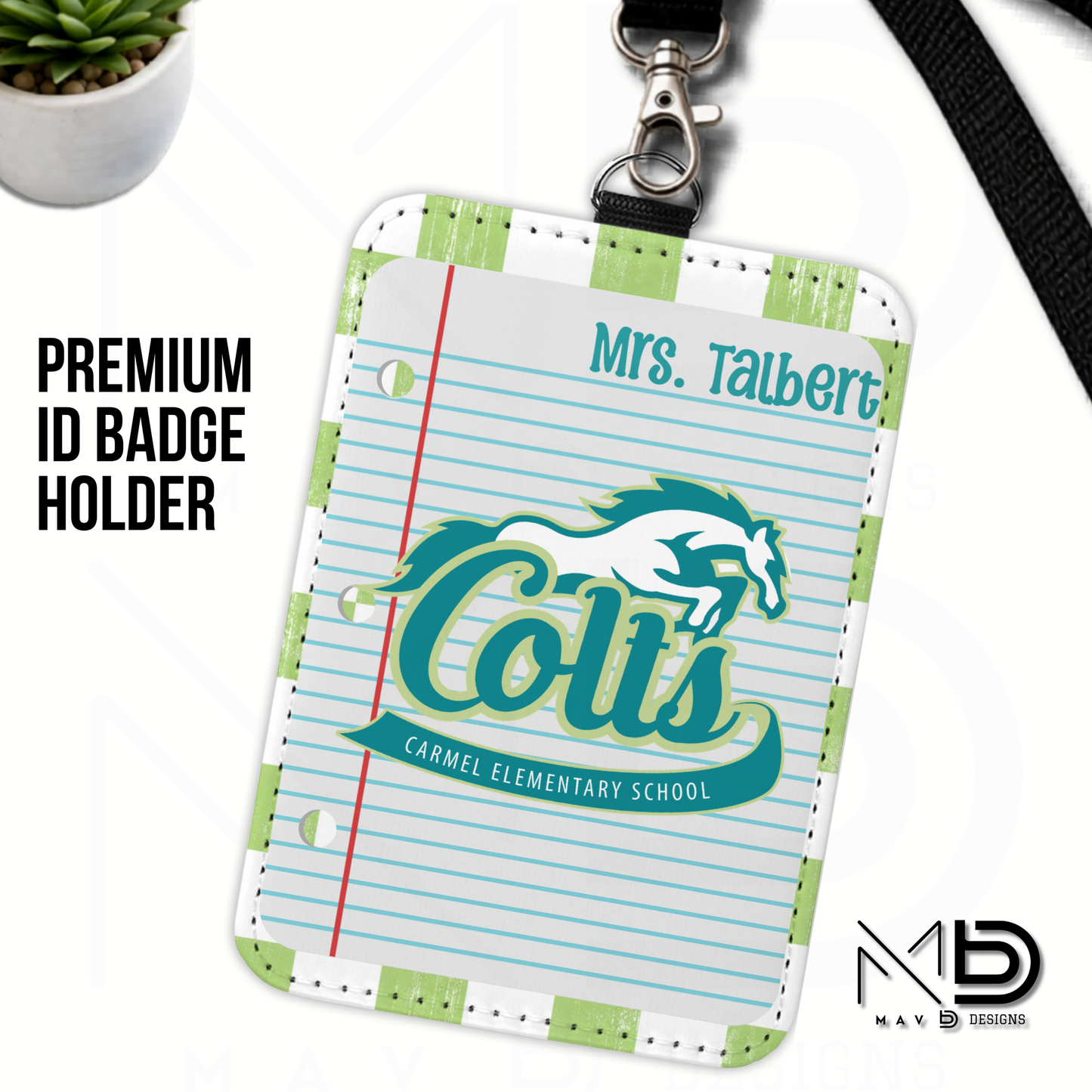 Personalized ID Badge Holder | Carmel Elementary Colts | Green Checkered {MULTIPLE OPTIONS}
