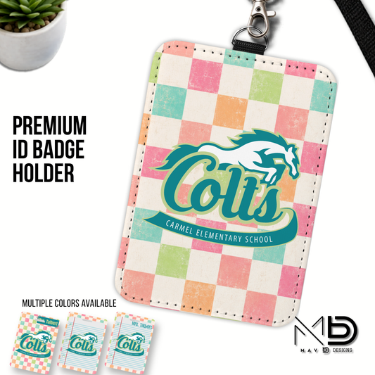Personalized ID Badge Holder | Carmel Elementary Colts | Pastel Checkered {MULTIPLE OPTIONS}