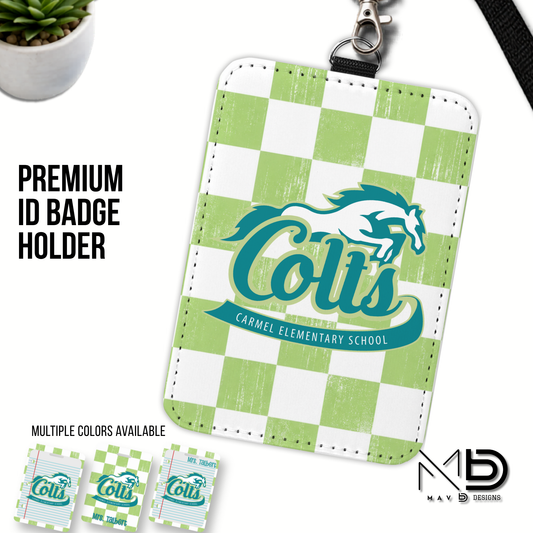 Personalized ID Badge Holder | Carmel Elementary Colts | Green Checkered {MULTIPLE OPTIONS}