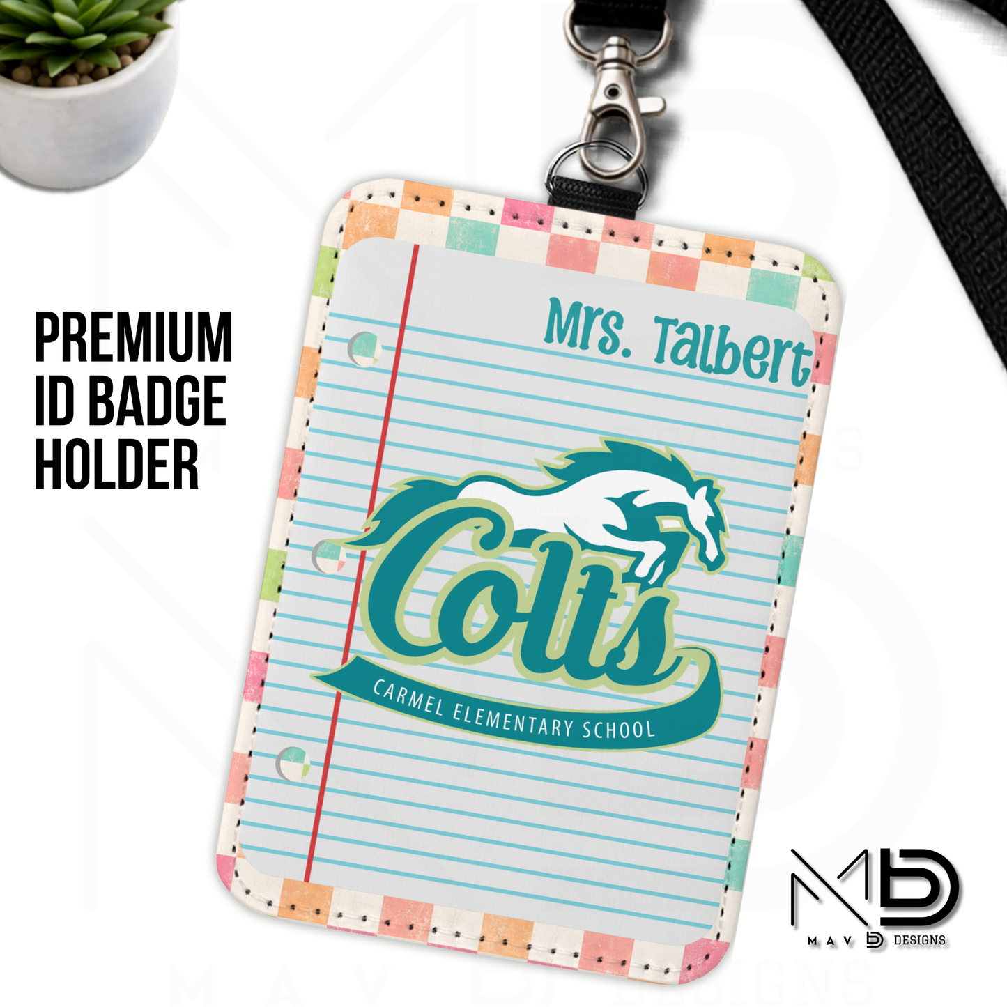 Personalized ID Badge Holder | Carmel Elementary Colts | Pastel Checkered {MULTIPLE OPTIONS}