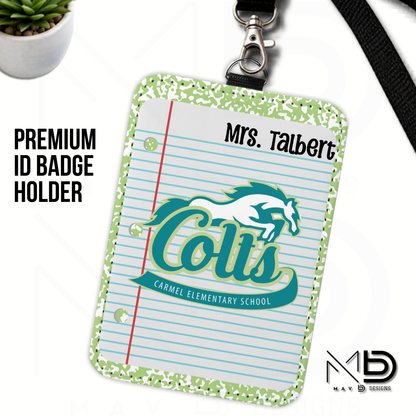Personalized ID Badge Holder | Carmel Elementary Colts | Green Composition {MULTIPLE OPTIONS}