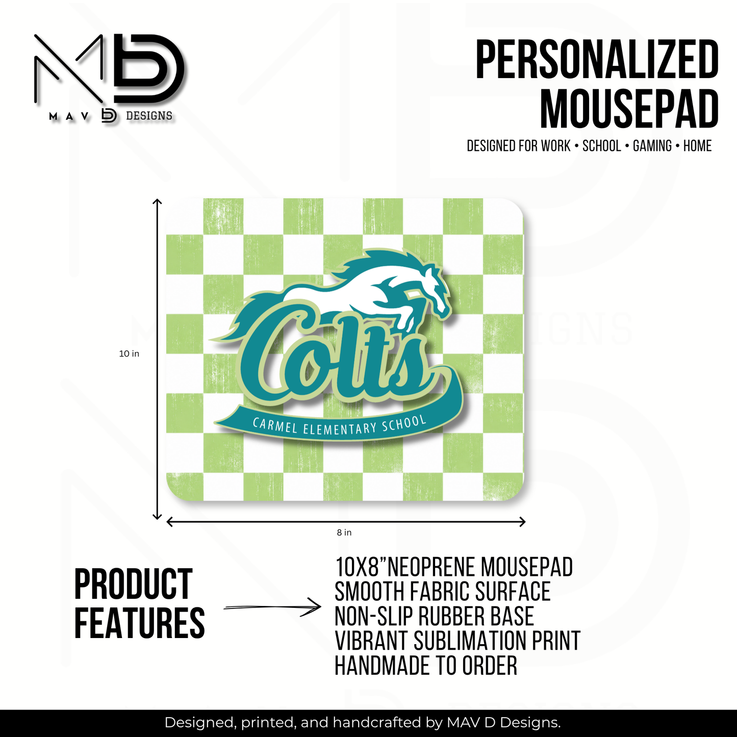 Personalized Mouse Pad | Carmel Elementary Colts | Green Checkered {MULTIPLE OPTIONS}