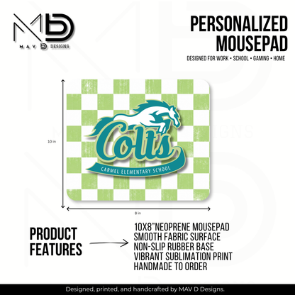 Personalized Mouse Pad | Carmel Elementary Colts | Green Checkered {MULTIPLE OPTIONS}