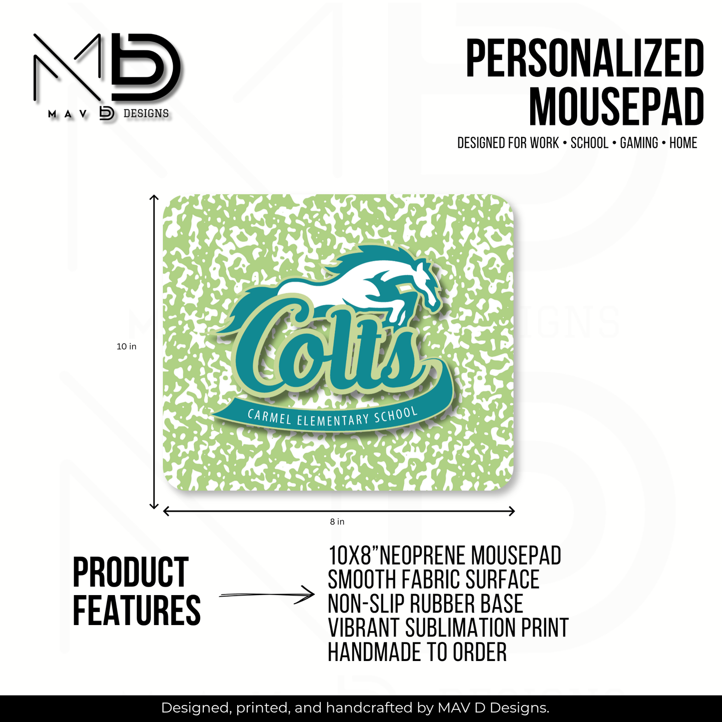 Personalized Mouse Pad | Carmel Elementary Colts | Green Composition {MULTIPLE OPTIONS}