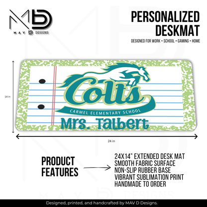 Personalized Deskmat | Carmel Elementary Colts | Custom School Designs | Green Composition {MULTIPLE OPTIONS}