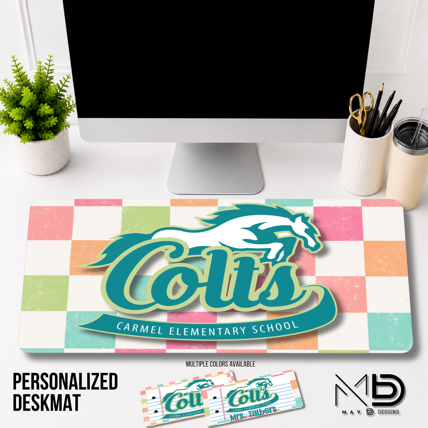 Personalized Deskmat | Carmel Elementary Colts | Custom School Designs | Pastel Checkered {MULTIPLE OPTIONS}