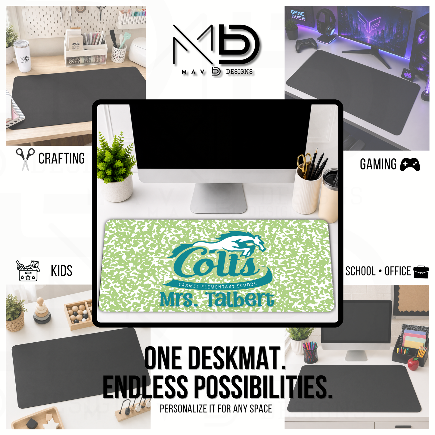 Personalized Deskmat | Carmel Elementary Colts | Custom School Designs | Green Composition {MULTIPLE OPTIONS}