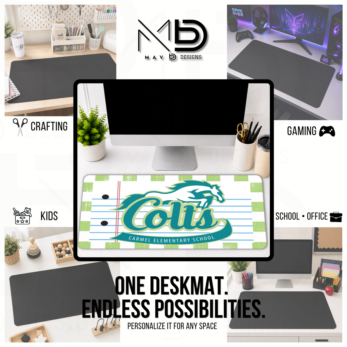 Personalized Deskmat | Carmel Elementary Colts | Custom School Designs | Distressed Checkered {MULTIPLE OPTIONS}