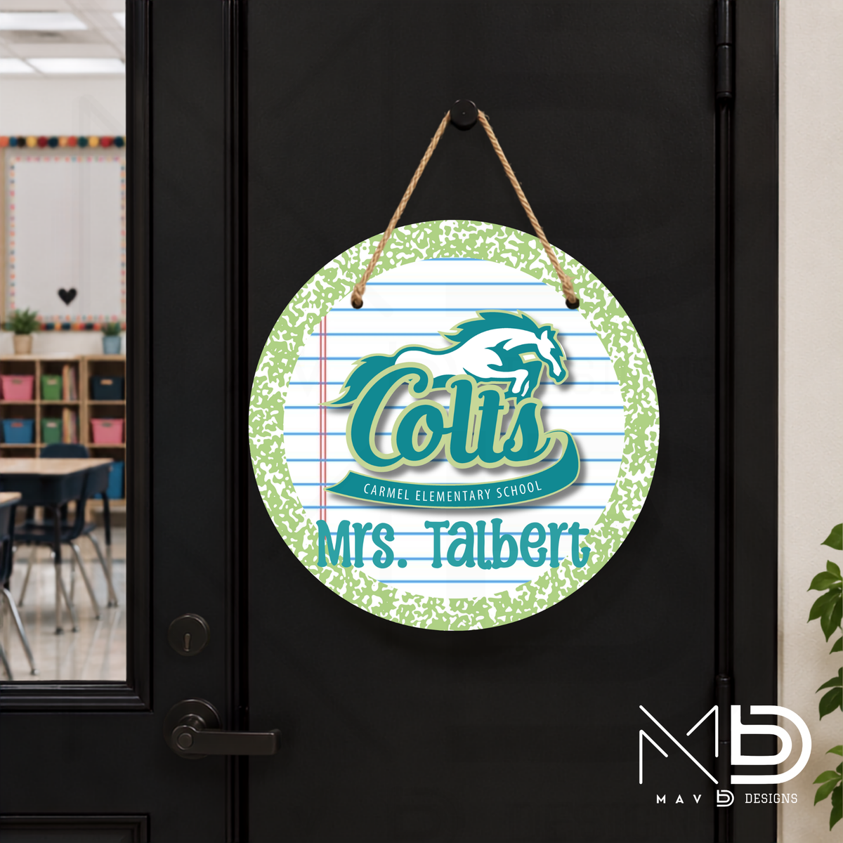 Personalize Door Hanger | Carmel Elementary Colts | Green Composition | 10” or 12” Metal Door Decor